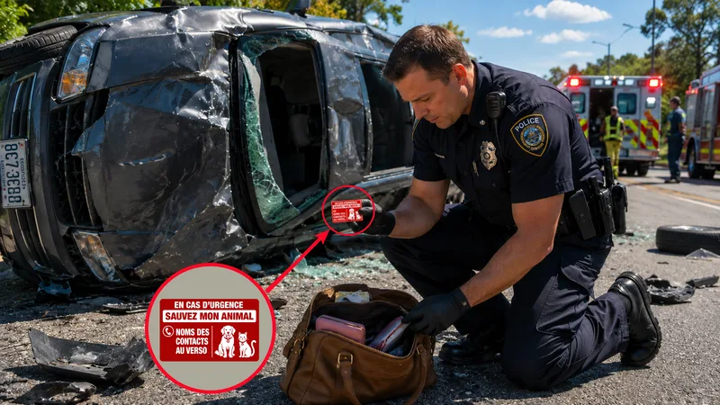 Policier découvrant la carte Sauvez mon Animal dans le sac à main d'une victime d'accident de la route
