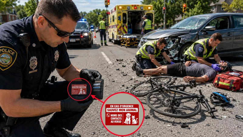 Policier trouvant la carte Sauvez mon Animal dans le portefeuille d'un cycliste accidenté