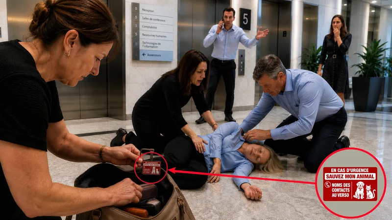 Passante découvrant la carte Sauvez mon Animal dans le sac d'une dame ayant perdu connaissance