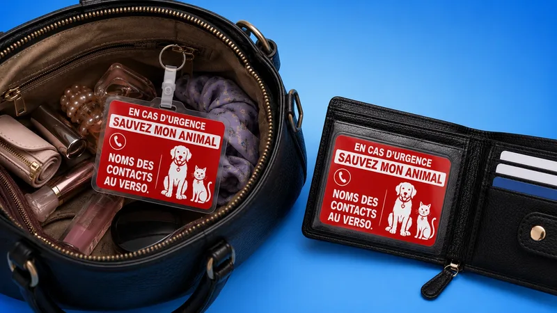 Carte « Sauvez mon animal » dans un sac à main et un portefeuille