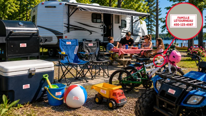 Terrain de camping familial avec équipements identifiés par des étiquettes anti-vol au nom de la famille Létourneau : roulotte, barbecue, glacière, chaises, vélos, quad et jouets, avec gros plan sur l'étiquette avec numéro de téléphone