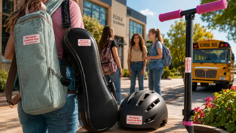 Effets d'une adolescente identifiés par des étiquettes anti-vol devant une école secondaire : sac à dos, étui de violon, casque et trottinette au nom de Mariepier Gauthier-Roy avec son pseudonyme X