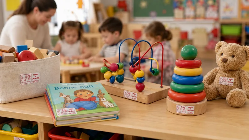 Jouets d'une garderie identifiés par des étiquettes anti-vol « Propriété de l'installation » : livres, jouets de bois et ourson en peluche, avec enfants et éducatrice en arrière-plan