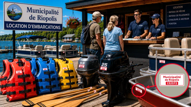 Quai de location d'embarcations de la Municipalité de Riopolis : vestes de flottaison, moteurs hors-bord, pagaies et chaloupe identifiés par des étiquettes anti-vol