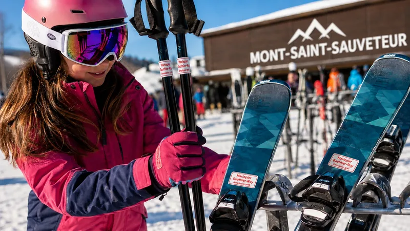 Adolescente au pied des pentes du Mont-Saint-Sauveur avec skis et bâtons identifiés par des étiquettes anti-vol au nom de Mariepier Gauthier-Roy et son pseudonyme X
