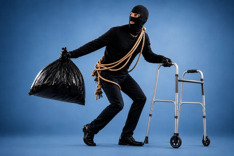 Voleur masqué emportant un sac et une marchette sur fond bleu