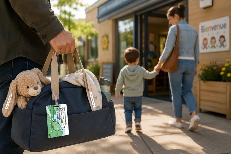 Sac de garderie identifié par une étiquette pour bagage personnalisée à l'arrivée au CPE
