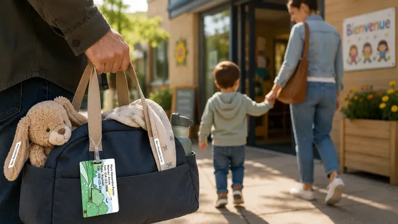 Sac de garderie identifié par une étiquette pour bagage personnalisée à l'arrivée au CPE