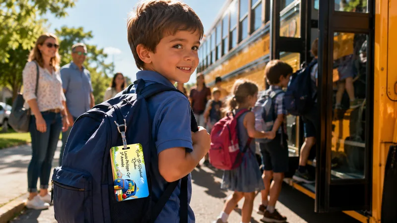 Écolier avec sac à dos identifié par une carte scolaire personnalisée devant l'autobus