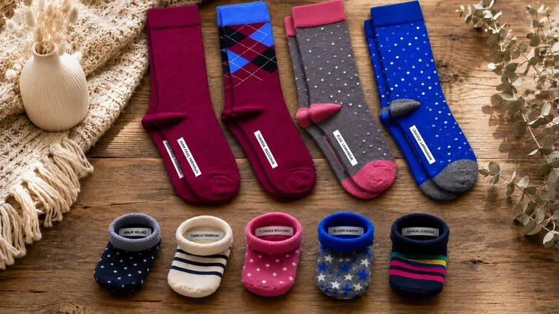Bas d'adultes et pantoufles de bébés avec étiquettes de noms personnalisées sur une table en bois