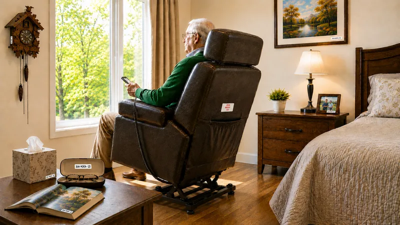 Fauteuil souleveur électrique identifié avec une étiquette au nom du résident dans une chambre de résidence
