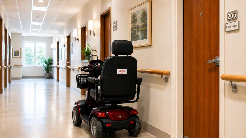 Quadriporteur identifié avec une étiquette au nom de la résidente dans un corridor de résidence, devant la chambre 205
