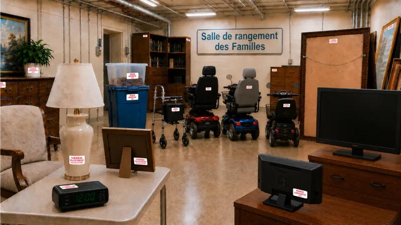 Salle de rangement des familles au sous-sol : téléviseurs, quadriporteurs, marchette, lampe, cadres et bacs identifiés par des étiquettes au nom des résidents