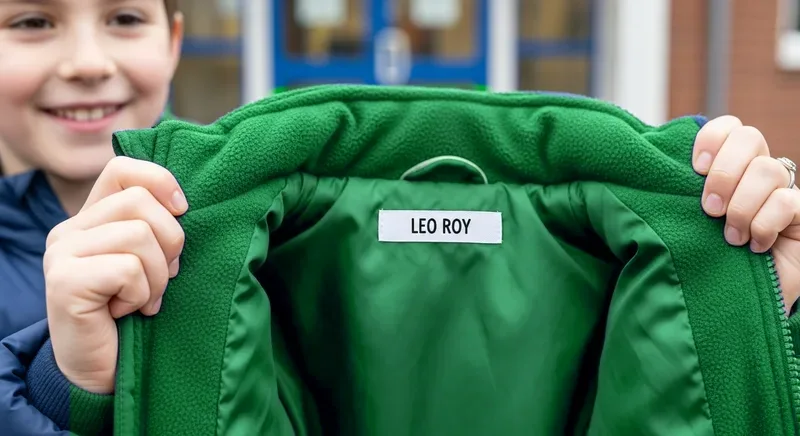 Manteau vert d'enfant avec étiquette de nom dans le collet intérieur