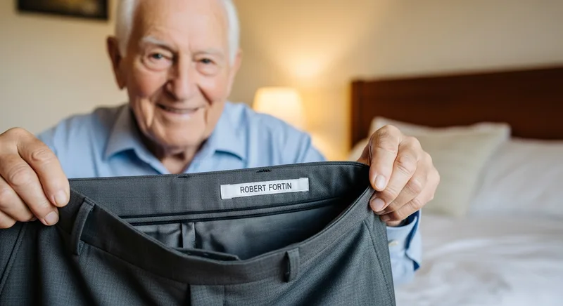 Grand-père montrant l'étiquette de nom dans la ceinture intérieure de son pantalon