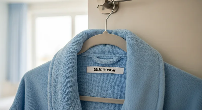 Robe de chambre avec étiquette de nom au col, accrochée à une porte de chambre d'hôpital