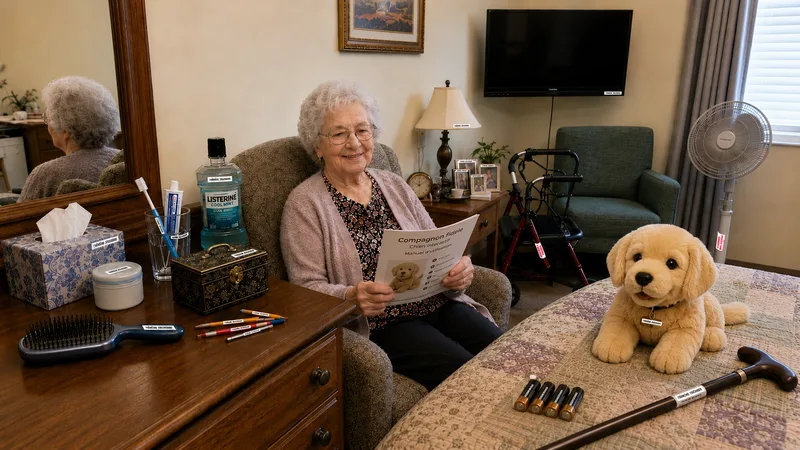 Résidente souriante dans sa chambre lisant le manuel de son chien compagnon interactif, entourée de ses effets personnels identifiés — brosse, crayons, canne, piles et chien en peluche étiquetés à son nom