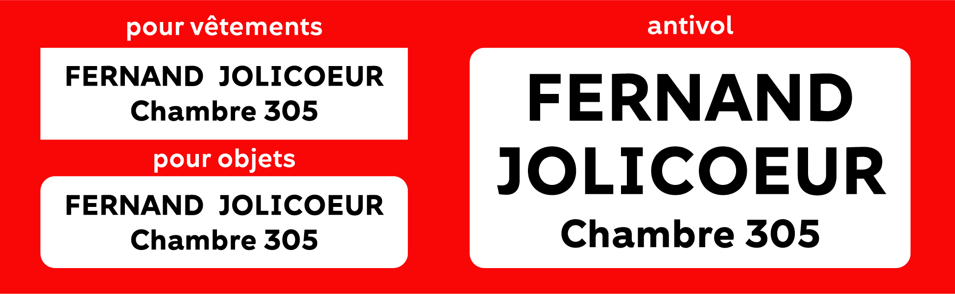 Combo CHSLD avec deux lignes de texte sur les étiquettes pour vêtements et objets, accompagné des étiquettes antivol