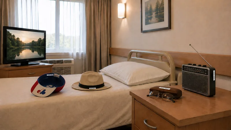 Chambre de résidence avec casquette, chapeau, lunettes et radio identifiés par des étiquettes au nom du résident