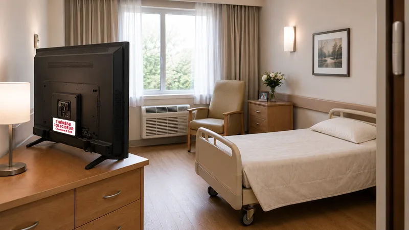 Téléviseur d'une chambre de CHSLD identifié avec une étiquette antivol au nom de la résidente et son numéro de chambre