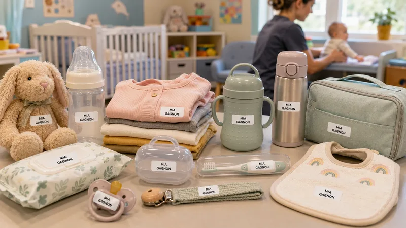 Articles de garderie identifiés avec des étiquettes « Mia Gagnon » : biberon, gourde, sac-repas, vêtements, bavoir, suce et toutou