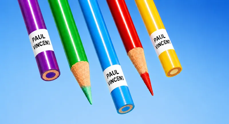 Crayons de couleur identifiés avec des étiquettes personnalisées