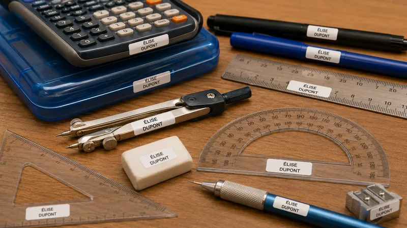 Ensemble de géométrie identifié avec des étiquettes « Élise Dupont » : calculatrice, compas, rapporteur, règle, équerre, crayons et taille-crayon