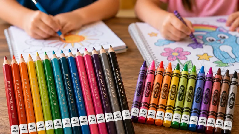 Crayons de couleur Prismacolor et crayons de cire Crayola identifiés avec des étiquettes « Léa Gagné », deux enfants dessinant en arrière-plan