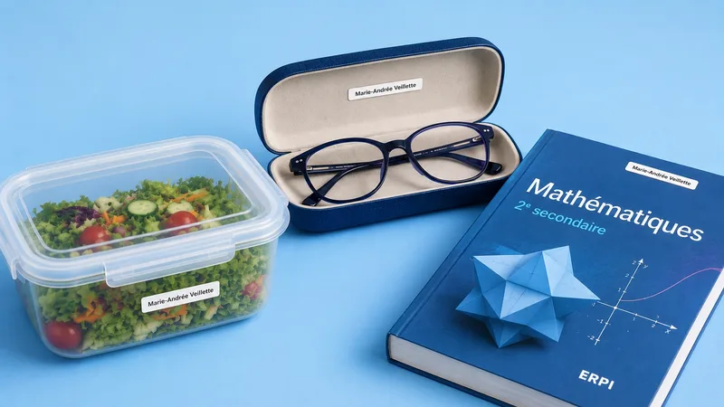 Objets du quotidien identifiés au nom de Marie-Andrée Veillette — plat à salade, étui à lunettes et manuel scolaire avec étiquettes personnalisées