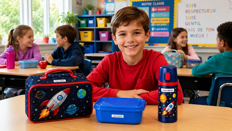 Garçon en classe avec boîte à lunch, plat et bouteille isolante identifiés au nom de Julien Martin
