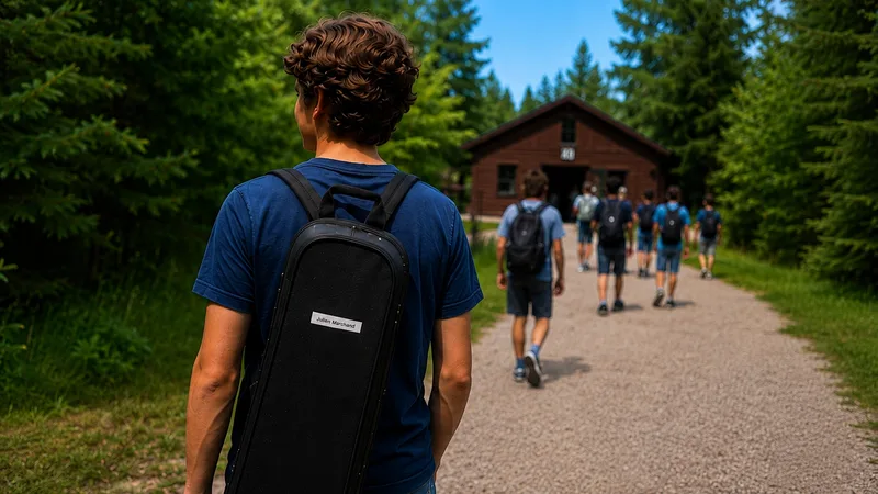 Adolescent au camp avec étui de guitare identifié par une étiquette à son nom