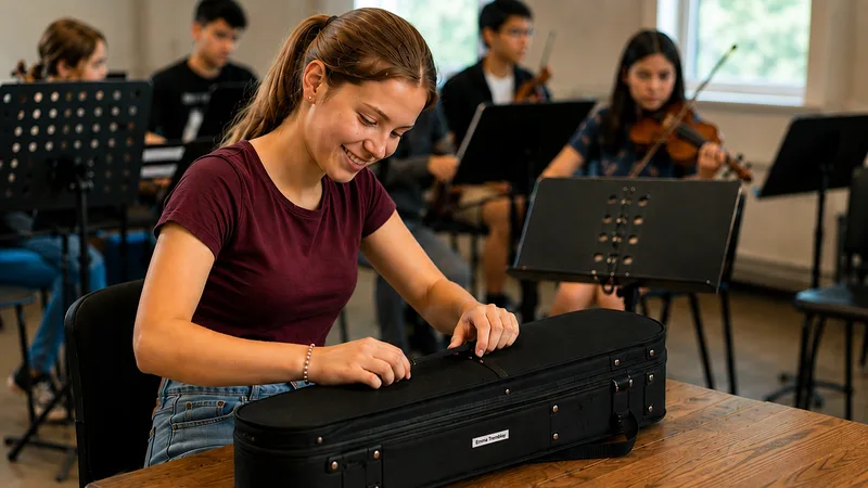 Jeune musicienne avec étui de violon identifié par une étiquette personnalisée