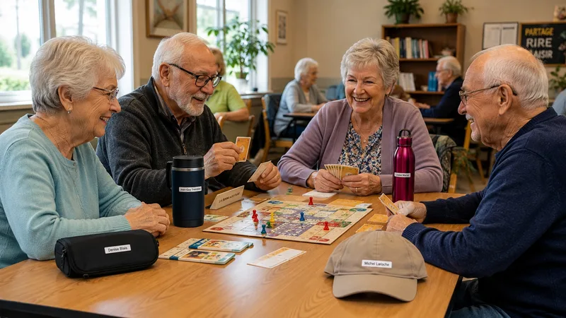 Aînés jouant à un jeu de société avec thermos, bouteille, étui et casquette identifiés à leurs noms