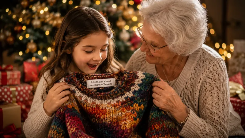 Grand-mère offrant à sa petite-fille un chandail tricoté à la main, avec l'étiquette « Tricoté avec Amour par Mamie Claudette » cousue au col