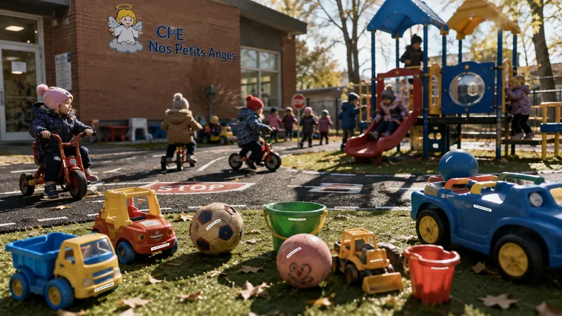 Cour extérieure du CPE : jouets et effets identifiés