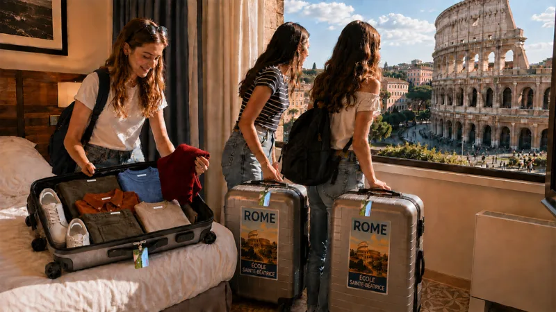 Valises identifiées à Rome : vêtements pliés et étiquettes pour bagage personnalisées