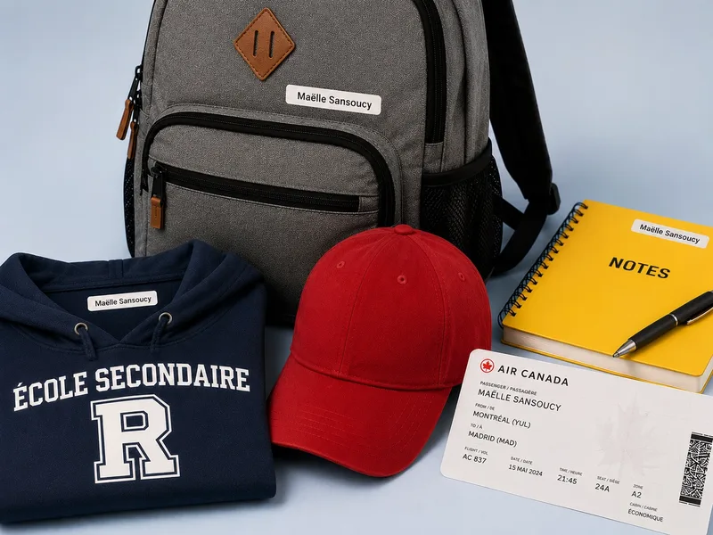 Effets d'une étudiante identifiés à son nom pour un voyage scolaire : sac à dos, chandail à capuchon, cahier de notes, casquette Voyage étudiant et carte d'embarquement